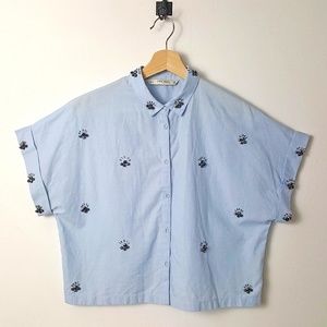 Zara Basic Jewel Cropped Button Up Cotton Top L